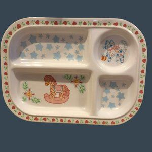 Sin-Ta-Chin Melamine Childs Divided Plate Rocking Horse & Cat Vtg 11"x8"
